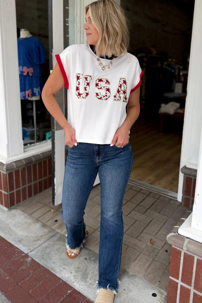 USA Sequin Colour Block Loose T-Shirt