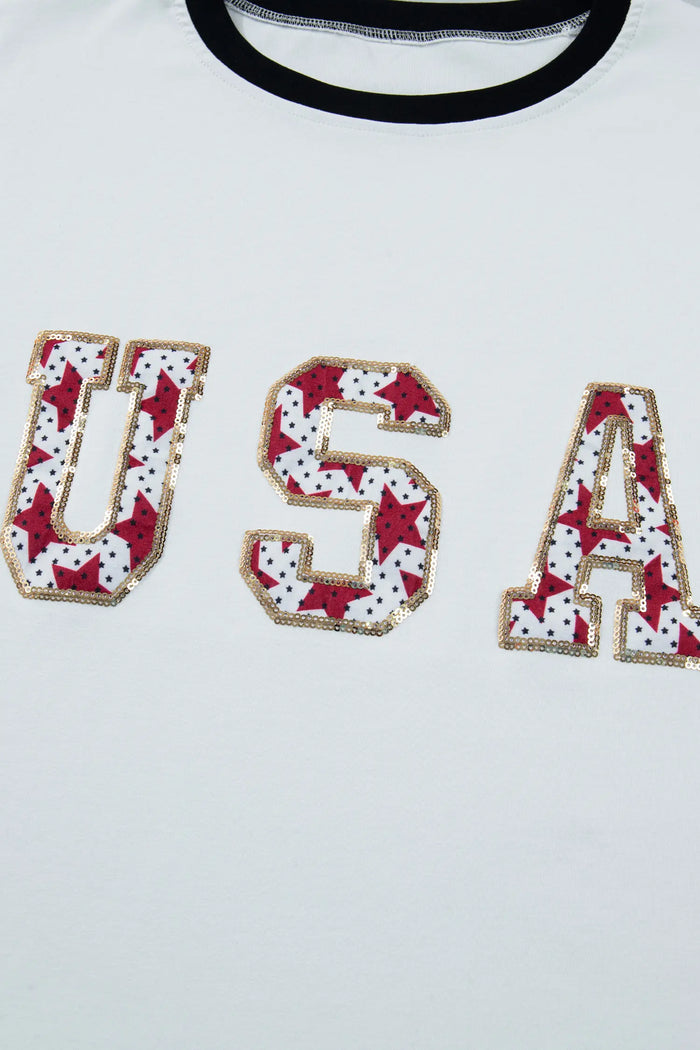 USA Sequin Colour Block Loose T-Shirt
