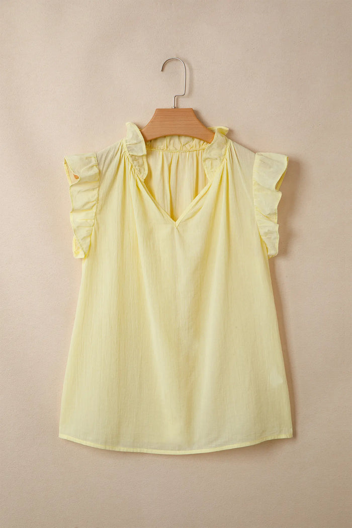 V Neck Ruffle Trim Sleeveless Shift Top – Yellow Cream