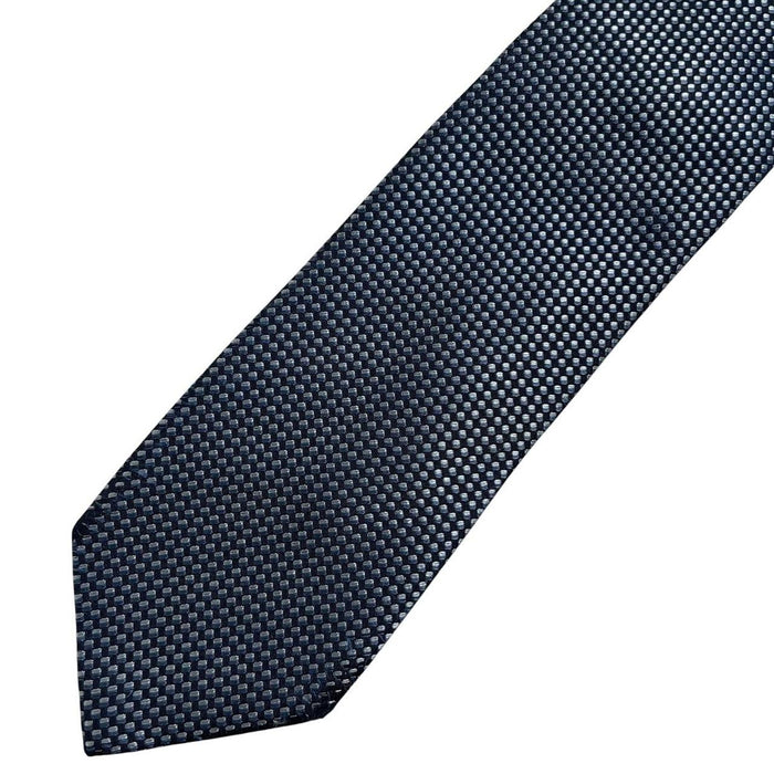 Hugo Boss blue silk tie with white polka dots and logo detail.