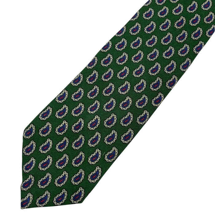 Polo Ralph Lauren green silk tie with paisley print pattern and logo detail.