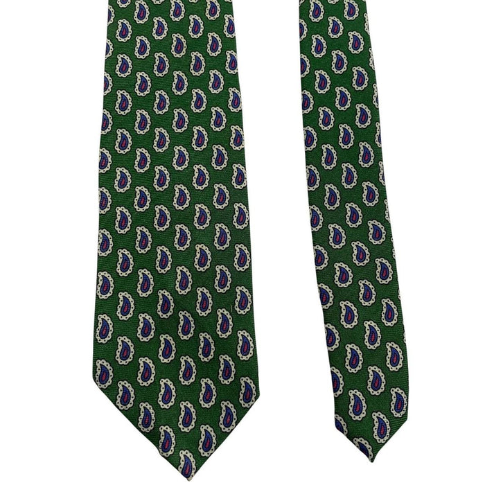 Polo Ralph Lauren green silk tie with paisley print pattern and logo detail.