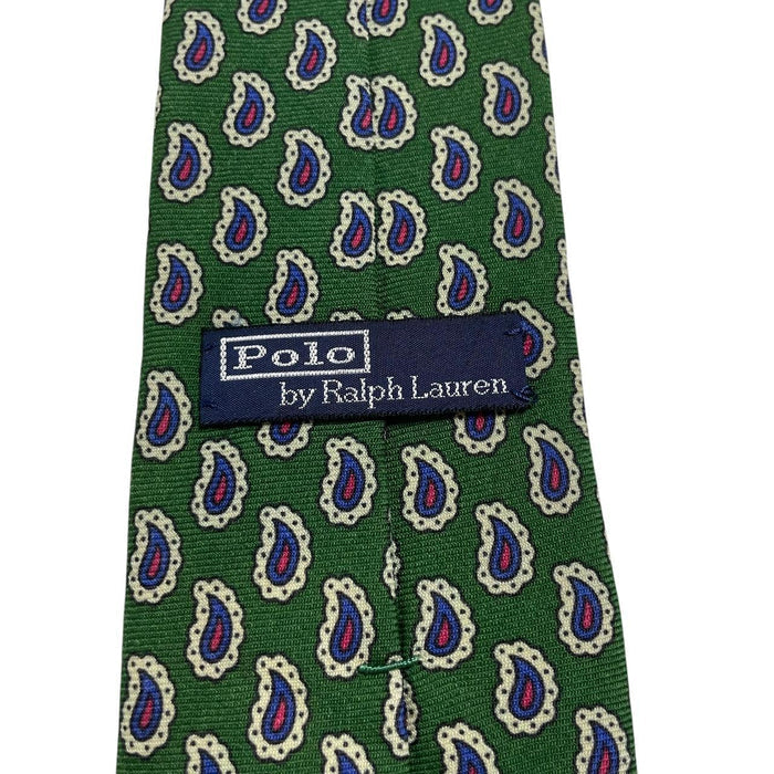 Polo Ralph Lauren green silk tie with paisley print pattern and logo detail.