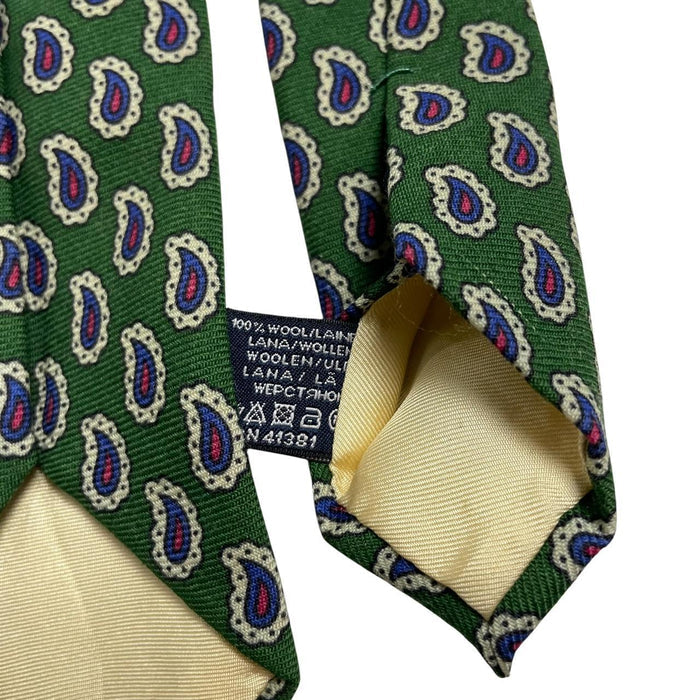 Polo Ralph Lauren green silk tie with paisley print pattern and logo detail.