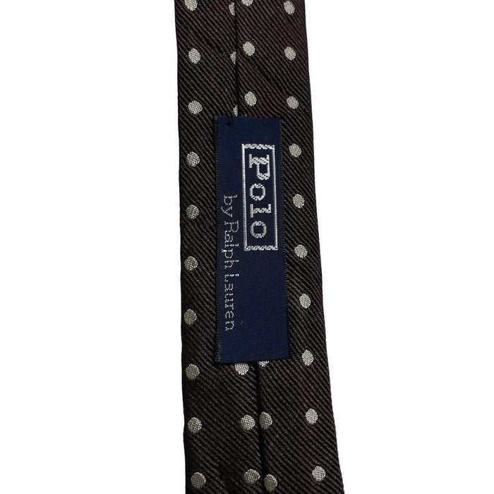 Polo Ralph Lauren beige and brown polka dot silk tie with classic logo detail.