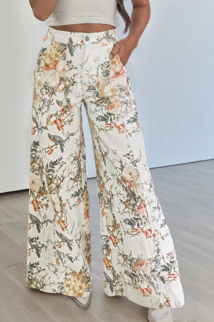 Vintage Style Floral Print High Waist Wide Leg Jeans – Beige
