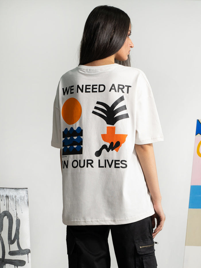 Pearl White Tee Female Model Front View – We Need Art In Our Lives – GROOVY Pakistan