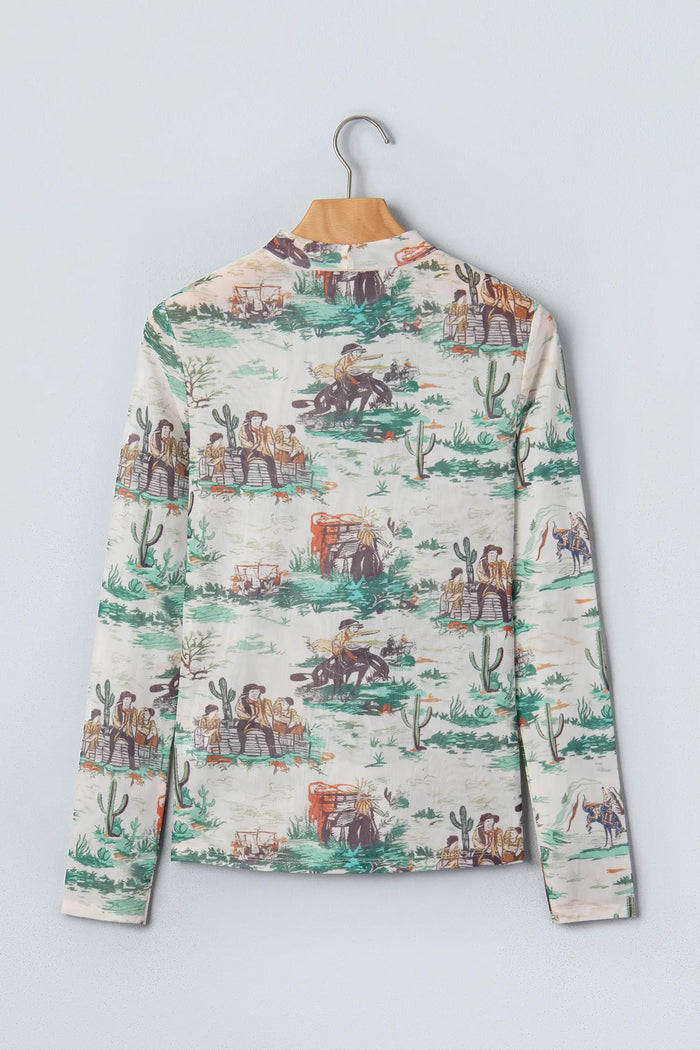 Western Print Long Sleeve Round Neck Slim Top – Green
