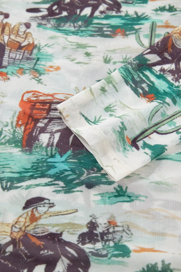 Western Print Long Sleeve Round Neck Slim Top – Green