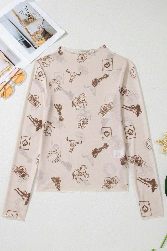 Western Print Slim Fit Mesh Mock Neck Long Sleeve Top