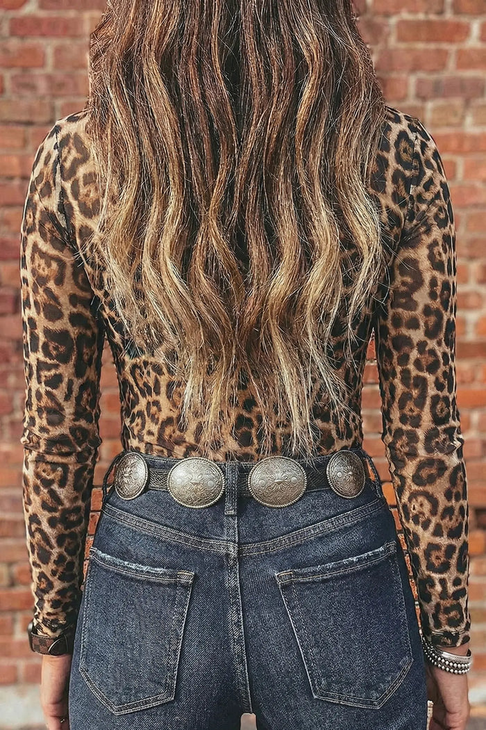 Western Print Slim Fit Mesh Mock Neck Long Sleeve Top