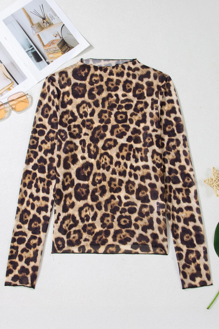 Western Print Slim Fit Mesh Mock Neck Long Sleeve Top