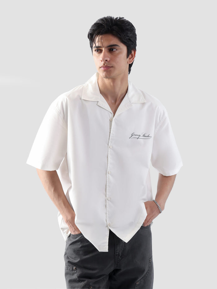White Cuban shirt male model front view relaxed fit Pakistan – GROOVY
