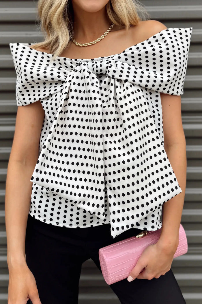 White Polka Dot Off Shoulder Bow Knot Blouse