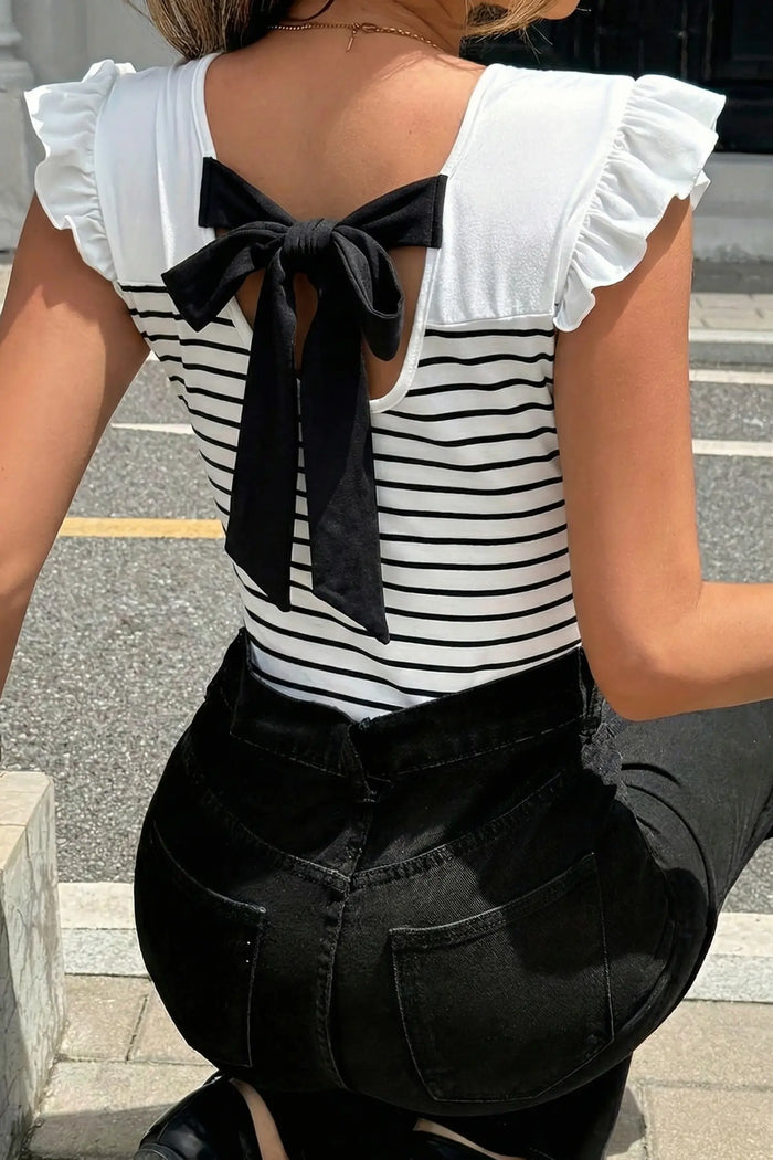 White Stripe Contrast Knot Back Ruffle Tank Top