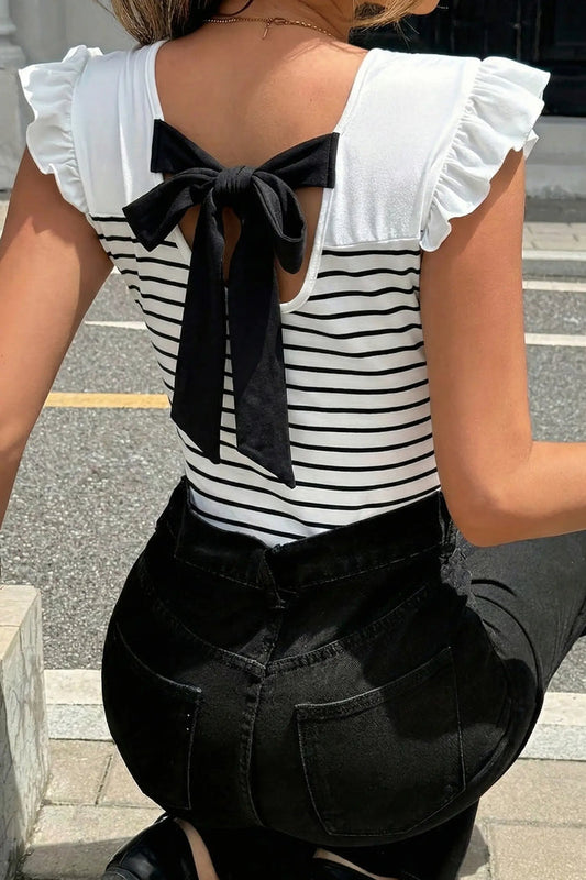 White Stripe Contrast Knot Back Ruffle Tank Top