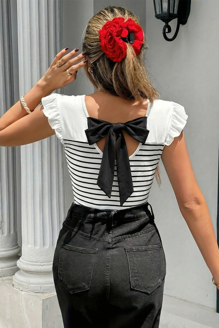 White Stripe Contrast Knot Back Ruffle Tank Top