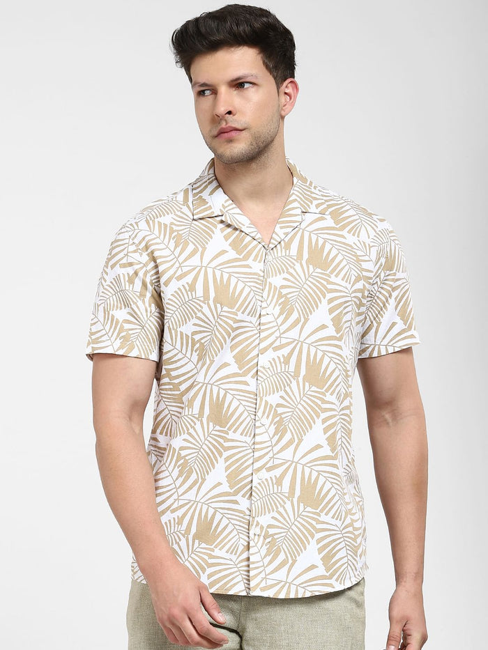 White Tropical Print Cuban Collar Shirt