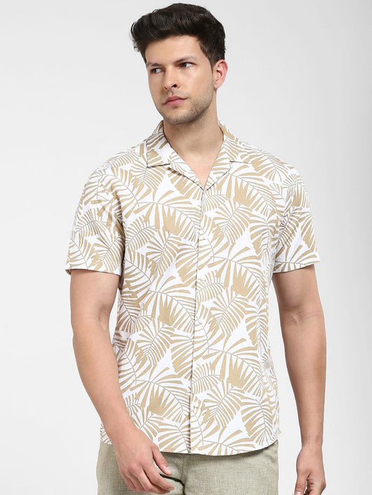 White Tropical Print Cuban Collar Shirt