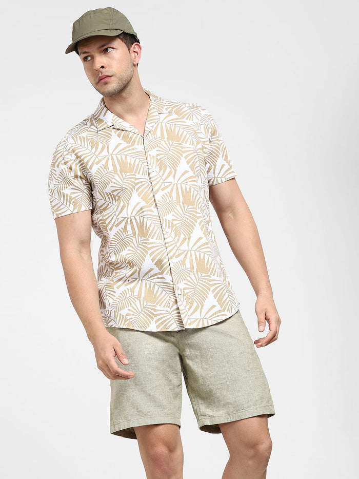 White Tropical Print Cuban Collar Shirt
