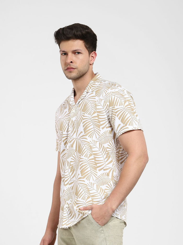 White Tropical Print Cuban Collar Shirt