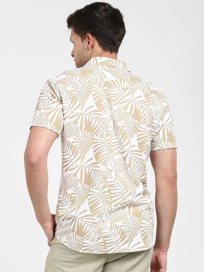 White Tropical Print Cuban Collar Shirt