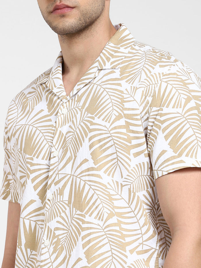 White Tropical Print Cuban Collar Shirt