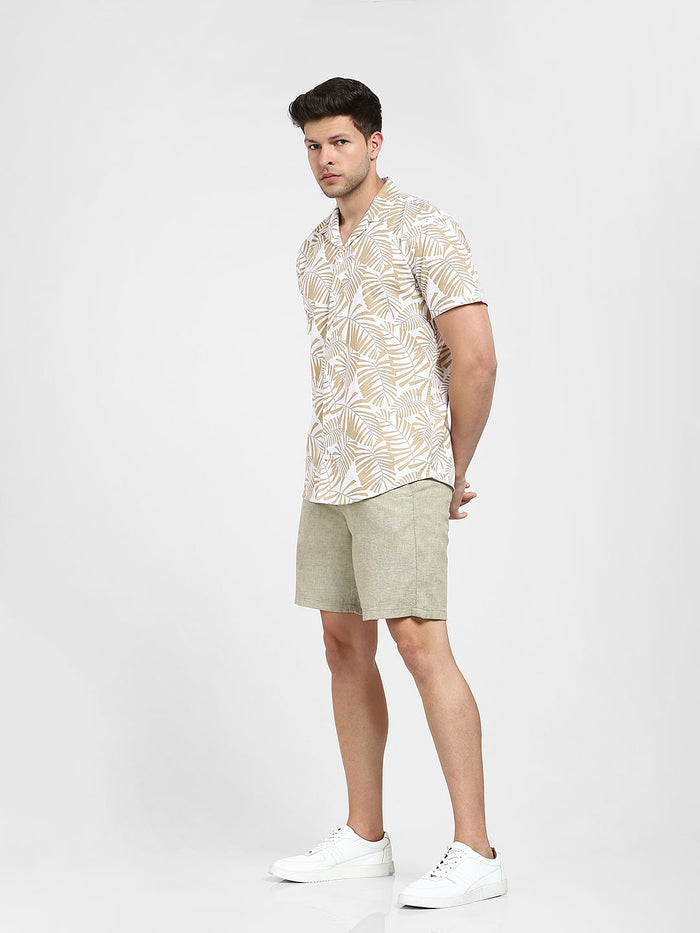 White Tropical Print Cuban Collar Shirt