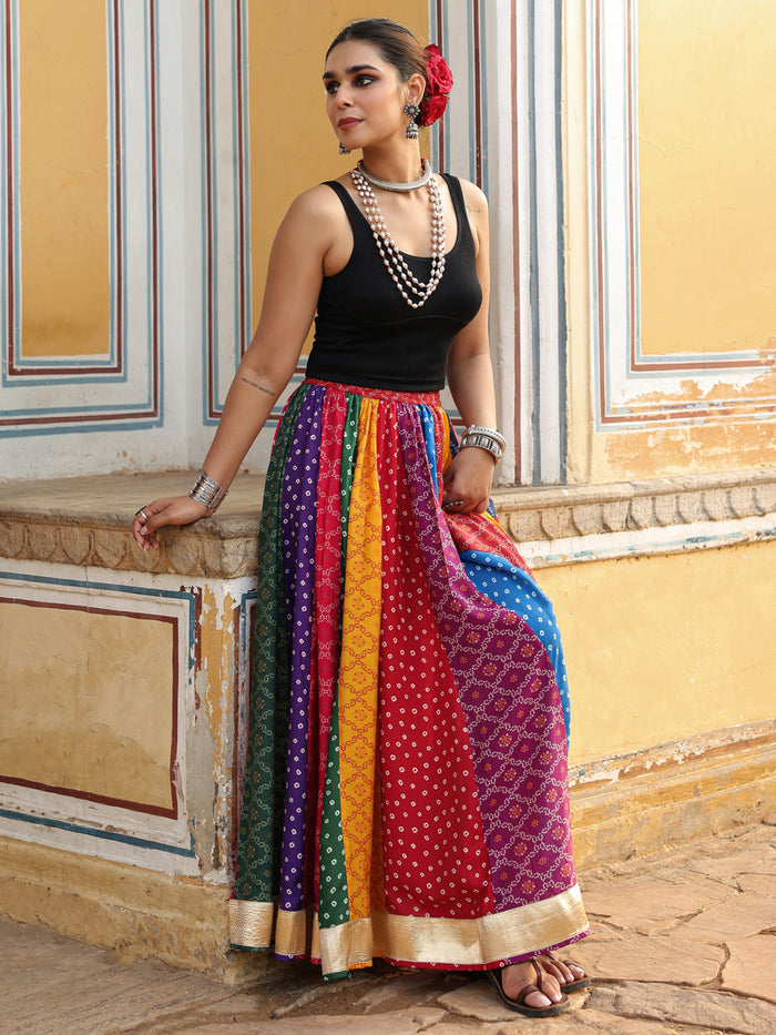 Women's Multi Coloured Bandhni Flared Long Skirt