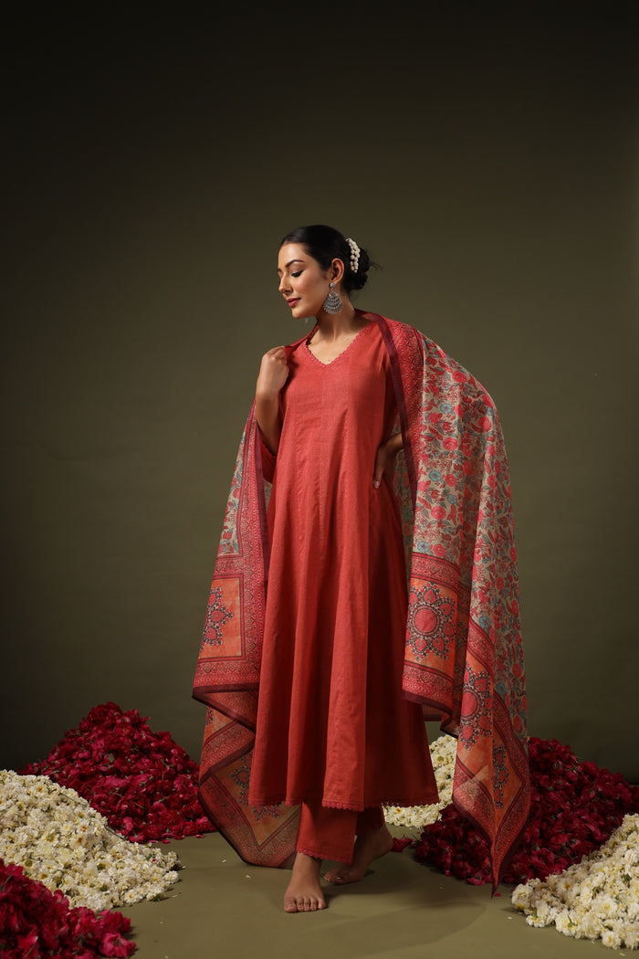 Women's Pink Cotton Kurta Set with Printed Chanderi Dupatta