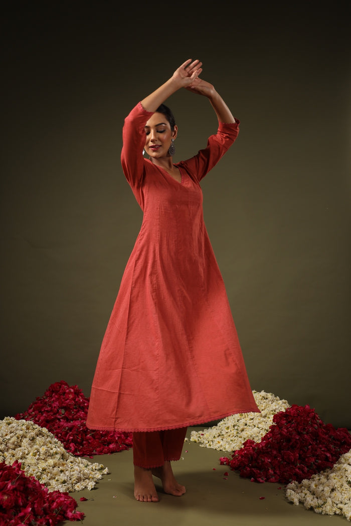 Women's Pink Cotton Kurta Set with Printed Chanderi Dupatta