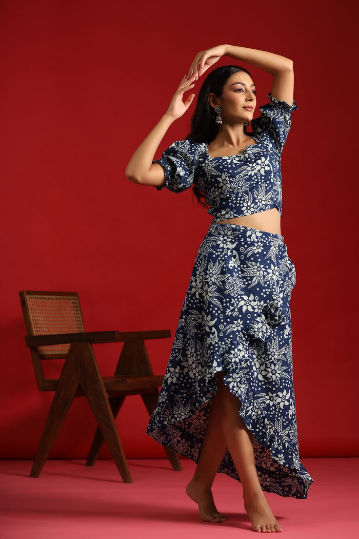Women's White & Indigo Ruffled Wrap Skirt With Balloon Sleeves Top