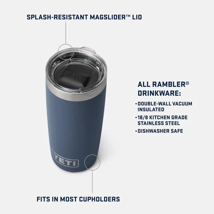 Yeti Rambler tumbler with splash-resistant MagSlider lid, navy blue, vacuum insulated, fits cupholders