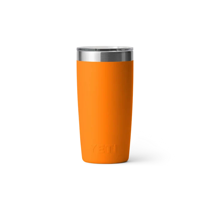 YETI Rambler 10oz Tumbler King Crab Orange with stainless steel lid, back view