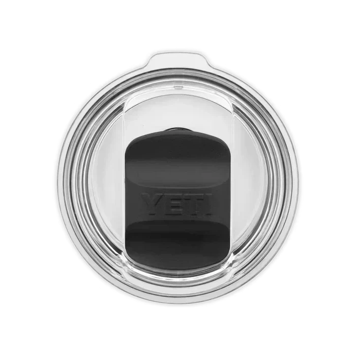 Yeti Rambler tumbler clear lid with black slider, top view, suitable for watersports use