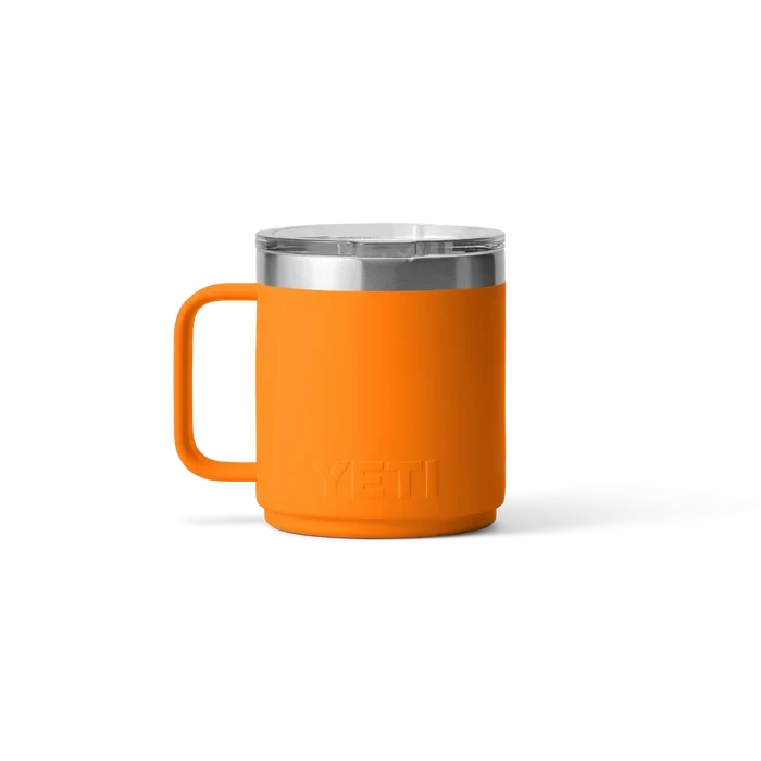 Orange YETI insulated mug with handle and clear lid