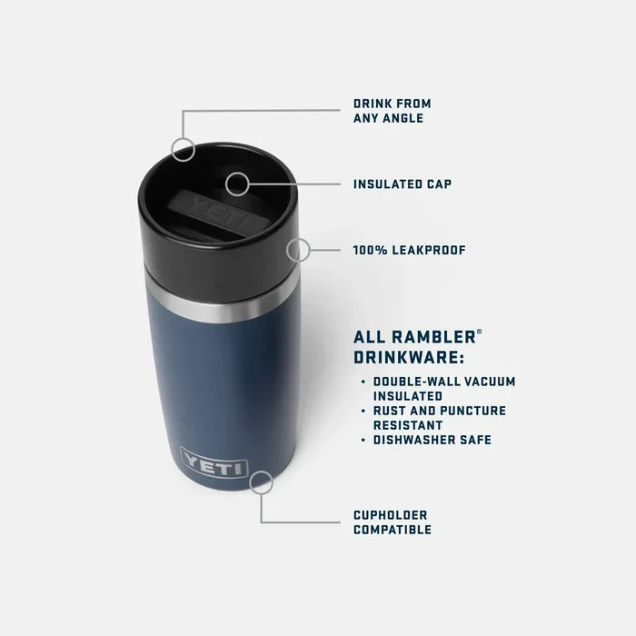 Yeti Rambler 12oz navy insulated travel bottle with leakproof cap and cupholder compatibility