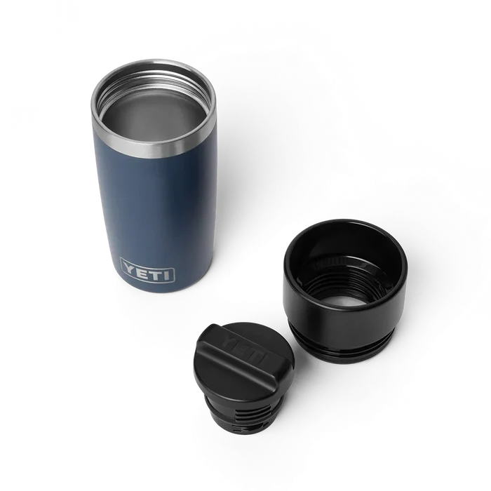YETI Rambler 12 oz navy travel bottle with two black lids, insulated stainless steel