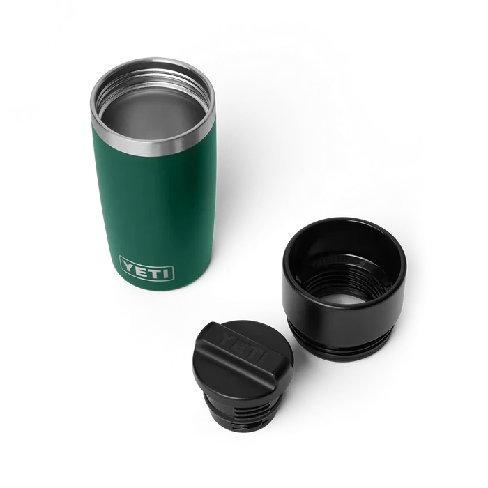 Yeti Rambler 10oz tumbler in green with black lid, stainless steel interior, ideal for watersports gear