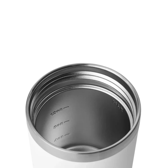 Stainless steel travel mug with measurement markings, ideal for watersports enthusiasts