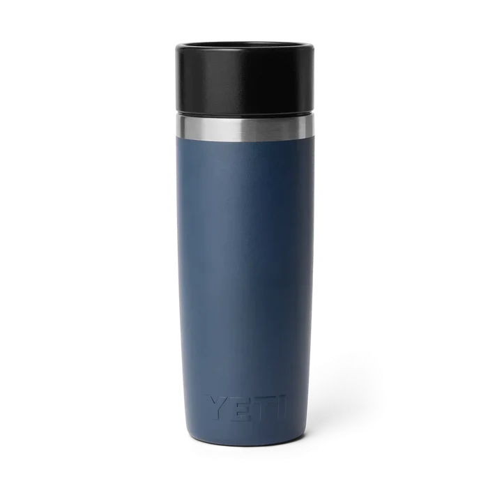 YETI Rambler 16oz navy travel bottle with black lid, insulated coffee flask