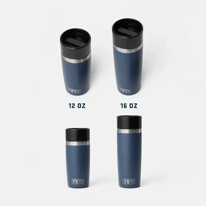 YETI Rambler travel bottles in navy, 12 oz and 16 oz sizes, insulated for watersports.