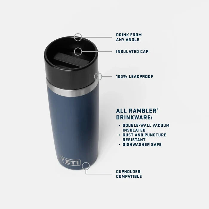 Yeti Rambler 16oz navy insulated travel bottle with HotShot cap and leakproof design
