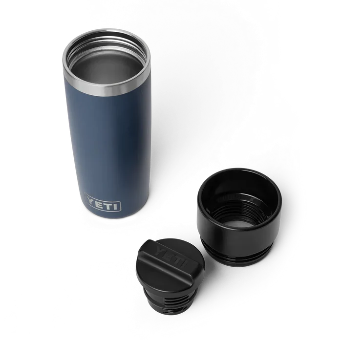 Yeti Rambler 16oz navy insulated travel bottle with HotShot cap, disassembled