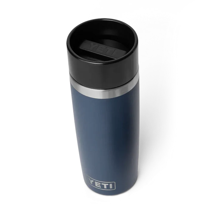 Yeti Rambler 16oz navy travel bottle with black HotShot lid, insulated flask