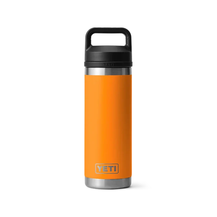 Orange YETI insulated bottle with black lid and handle