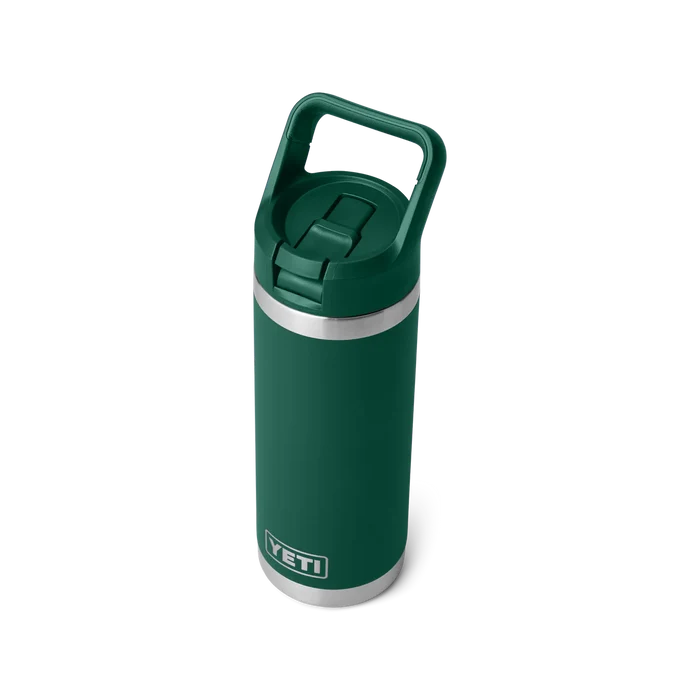 Yeti Rambler 20oz bottle in forest green with handle, ideal for watersports and outdoor adventures.
