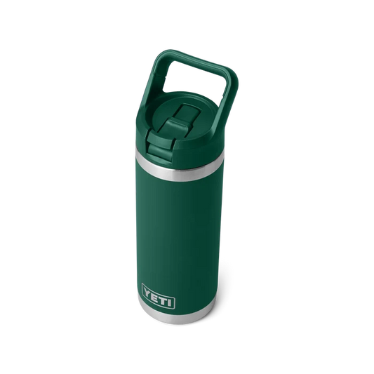 Yeti Rambler 20oz bottle in forest green with handle, ideal for watersports and outdoor adventures.