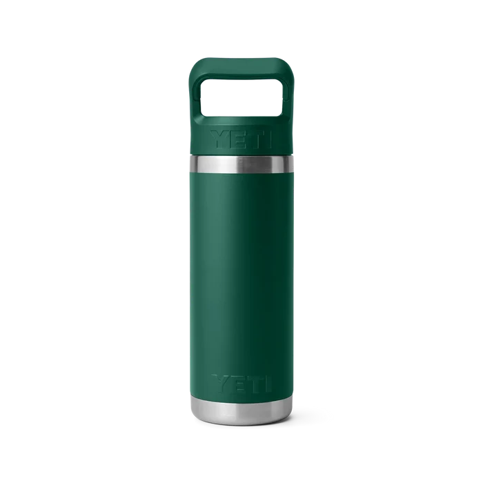 Yeti Rambler bottle in forest green with handle, stainless steel accents