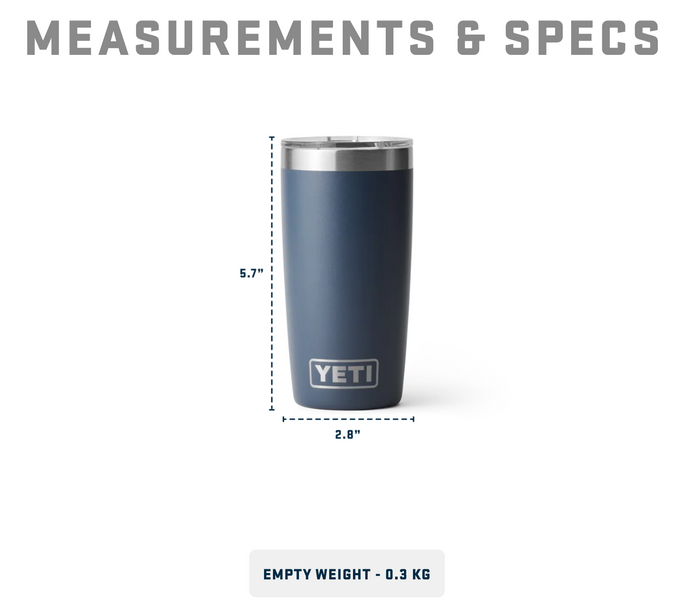 Yeti Rambler 20oz tumbler in navy blue with measurements, ideal for watersports gear at Boardworx Whitstable